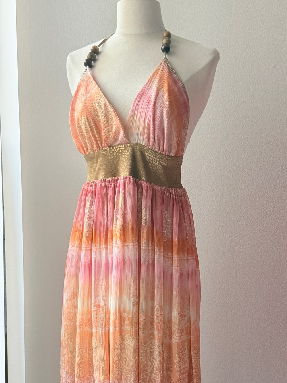Tricia Fix Women's Pink & Orange Halter Maxi Dress with Gold Waist